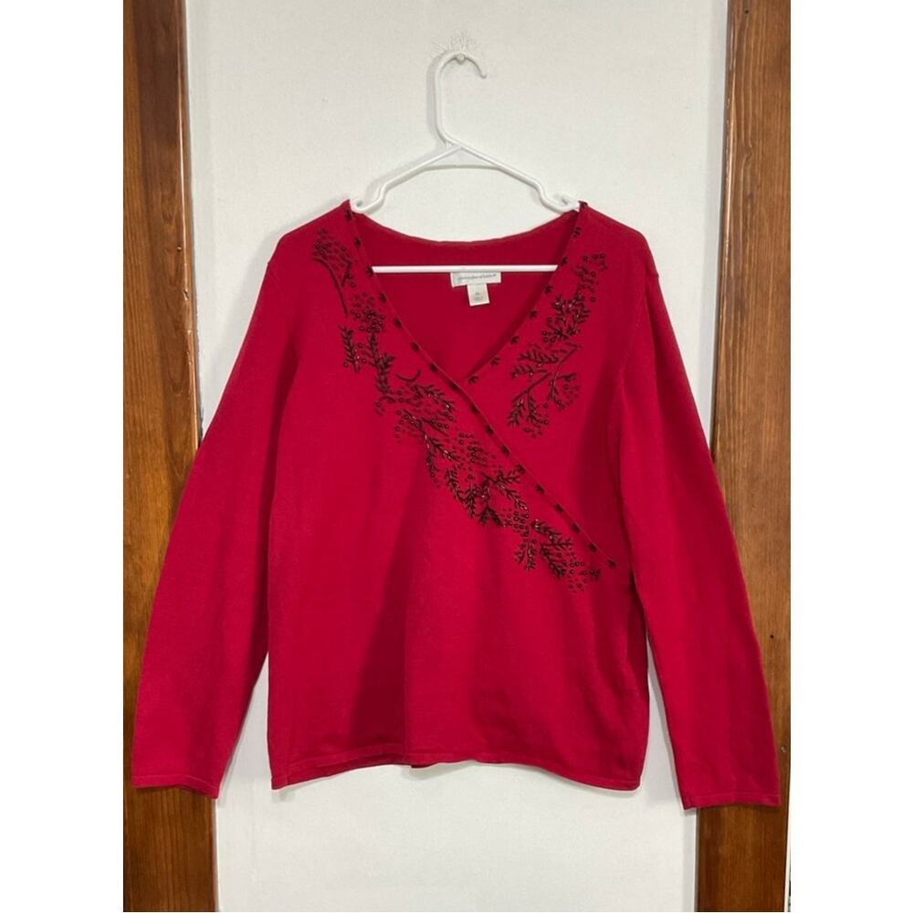 Christopher & Banks V-Neck Beaded Long Sleeves Red Knit Pullover Sweater Large - Picture 7 of 7